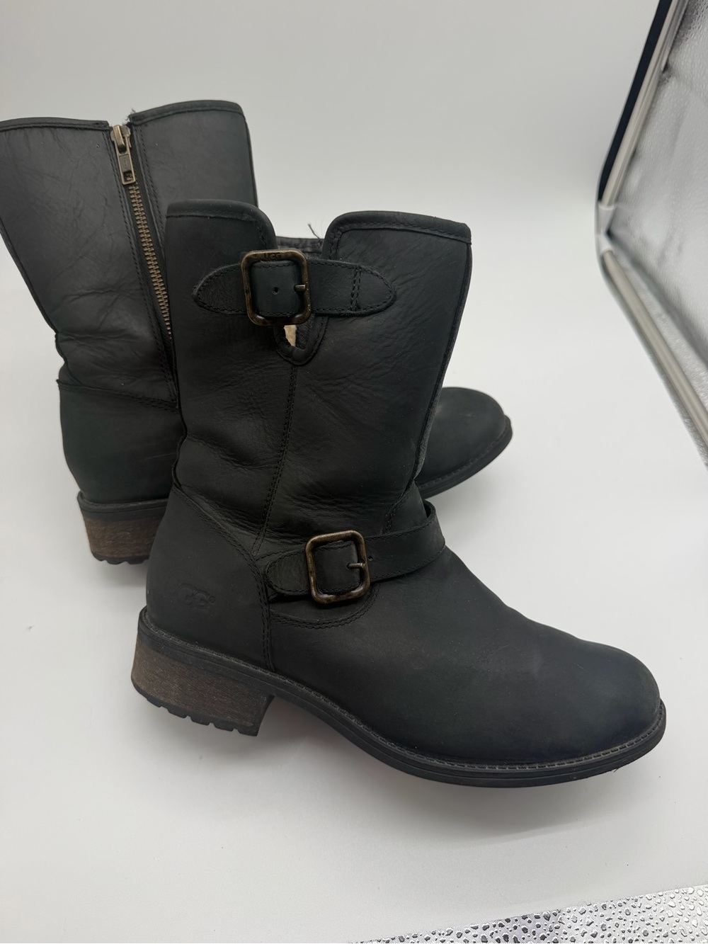 UGG Women's Black Leather Buckle Short Moto Boots Sz. 8.5